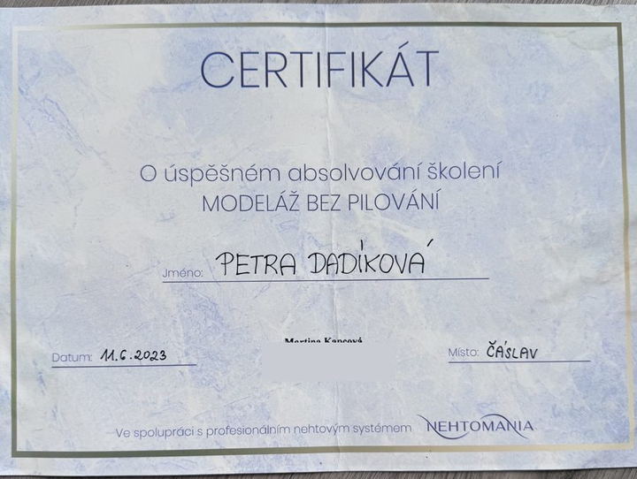 Certifikát za kurz modeláže bez pilování