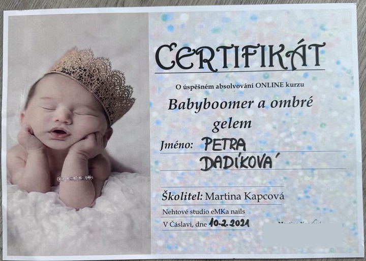 Certifikát za kurz babyboomer a ombré gelem